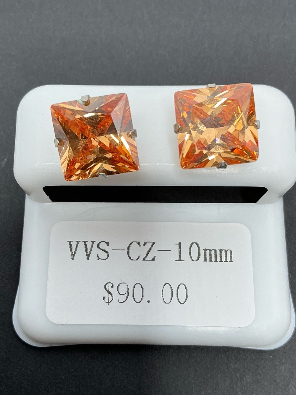 Beautiful Classic Square Orange VVS Cubic Zirconia 10mm Stud Earrings -